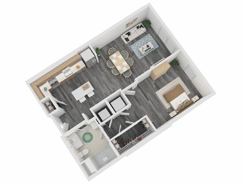A top-down view of a modern apartment with a kitchen, living room, dining area, and bathroom.