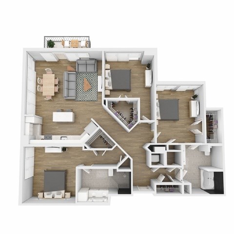 A 3D floor plan of a house with multiple rooms and furniture.