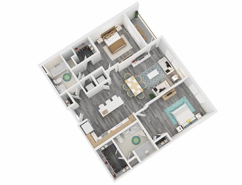A top down view of a house interior with a kitchen, living room, and bedrooms.