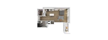 A top-down view of a small apartment with a kitchen, living room, and bedroom.