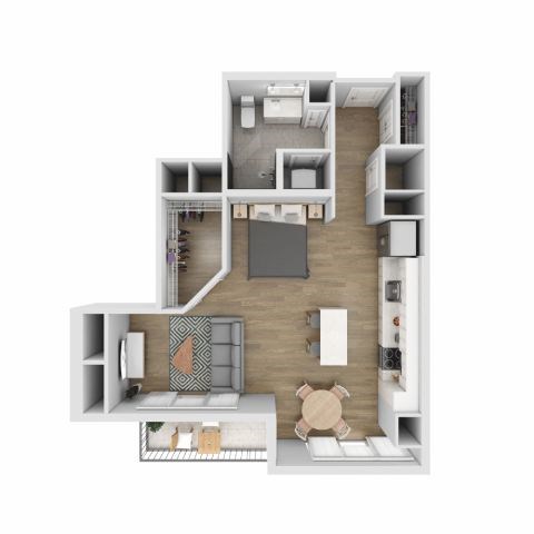 A floor plan of a small apartment with a kitchen, living room, and bedroom.