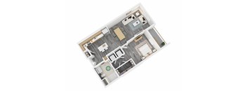 A top down view of a house interior with a kitchen, living room, dining room, and bathroom.