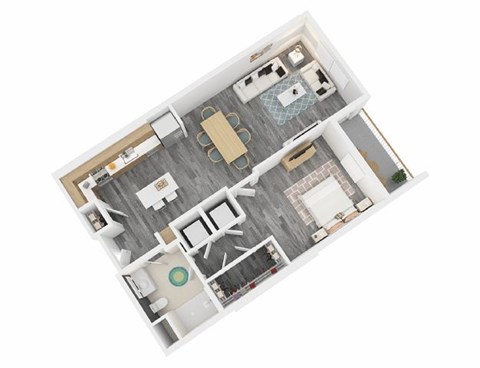 A top down view of a house interior with a kitchen, living room, dining room, and bathroom.