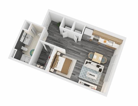 A top-down view of a house layout with a kitchen, living room, and bathroom.