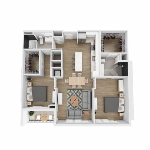 A floor plan of a house with a kitchen, living room, dining room, and two bedrooms.