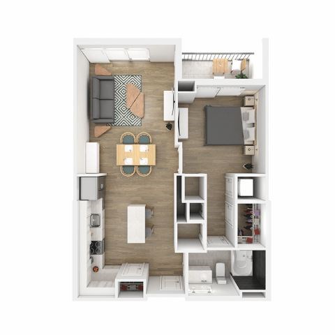 A top-down view of a small, neatly organized apartment with a kitchen, living room, and bedroom.