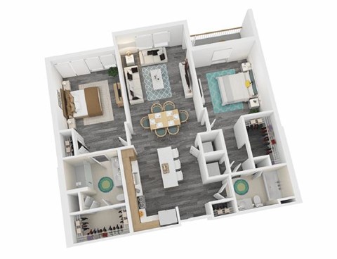 A 3D floor plan of a house with a kitchen, living room, dining room, and two bedrooms.