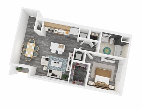 A 3D floor plan of a house with a kitchen, living room, dining room, and bathroom.