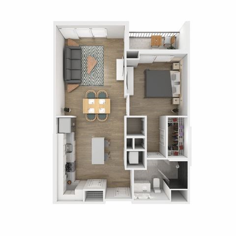 A top-down view of a small apartment with a kitchen, living room, and bathroom.