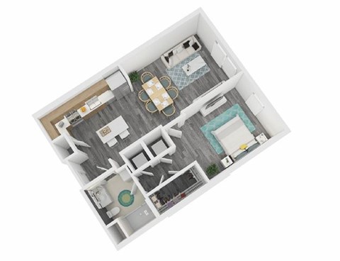 A top down view of a house interior with a dining table surrounded by chairs.