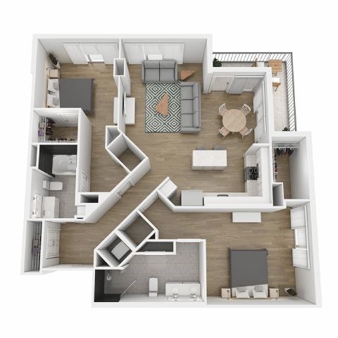 A top-down view of a modern, open-plan apartment layout.