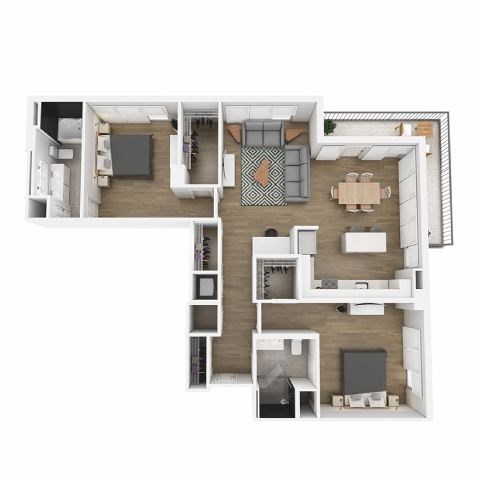 A floor plan of a modern apartment with a kitchen, living room, and two bedrooms.