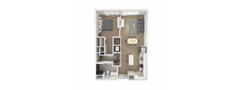 A top-down view of a small apartment with a kitchen, living room, and bathroom.