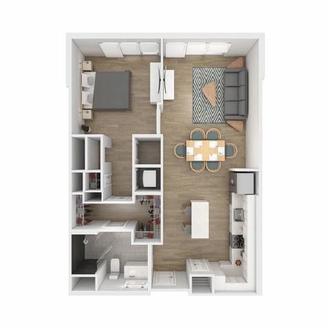 A top-down view of a small apartment with a kitchen, living room, and bathroom.
