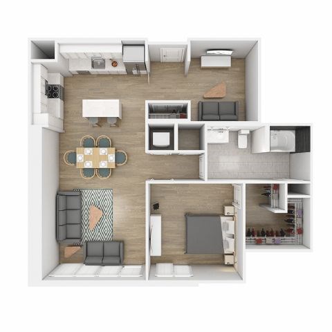 A top-down view of a small apartment with a kitchen, living room, and dining area.