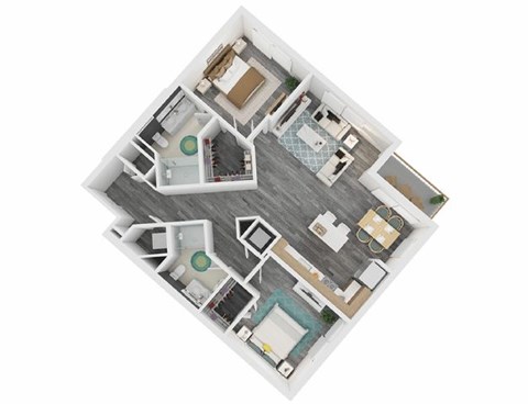 A top down view of a house with a kitchen, living room, and two bedrooms.