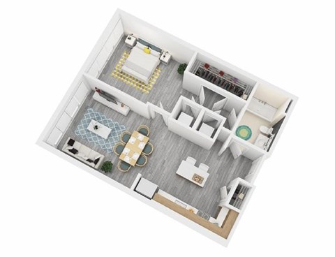 A top-down view of a house layout with a living room, dining room, kitchen, and bathrooms.