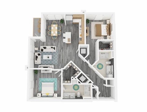 A top-down view of a house interior with a kitchen, dining area, living room, and bathroom.