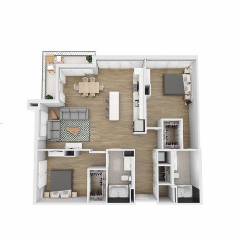 A floor plan of a house with a kitchen, living room, dining room, and two bedrooms.