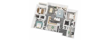 A 3D floor plan of a house with a dining area, living room, kitchen, and bathrooms.