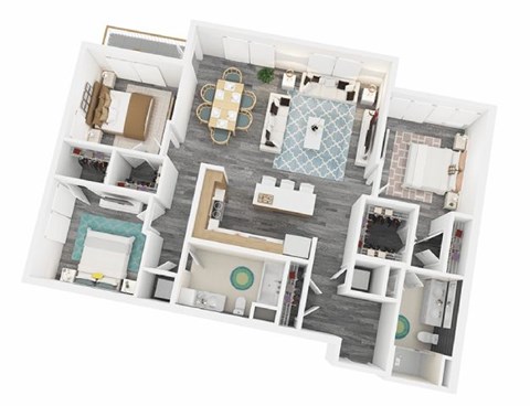 A 3D floor plan of a house with a dining area, living room, kitchen, and bathrooms.