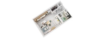 A top down view of a small apartment with a kitchen, living room, and bathroom.
