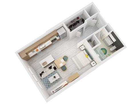 A top down view of a small apartment with a kitchen, living room, and bathroom.