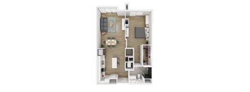 A top-down view of a small apartment with a kitchen, living room, and bathroom.