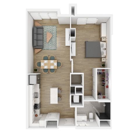 A top-down view of a small apartment with a kitchen, living room, and bathroom.