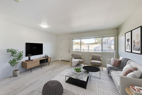 A living room with a grey carpet and a wooden floor.