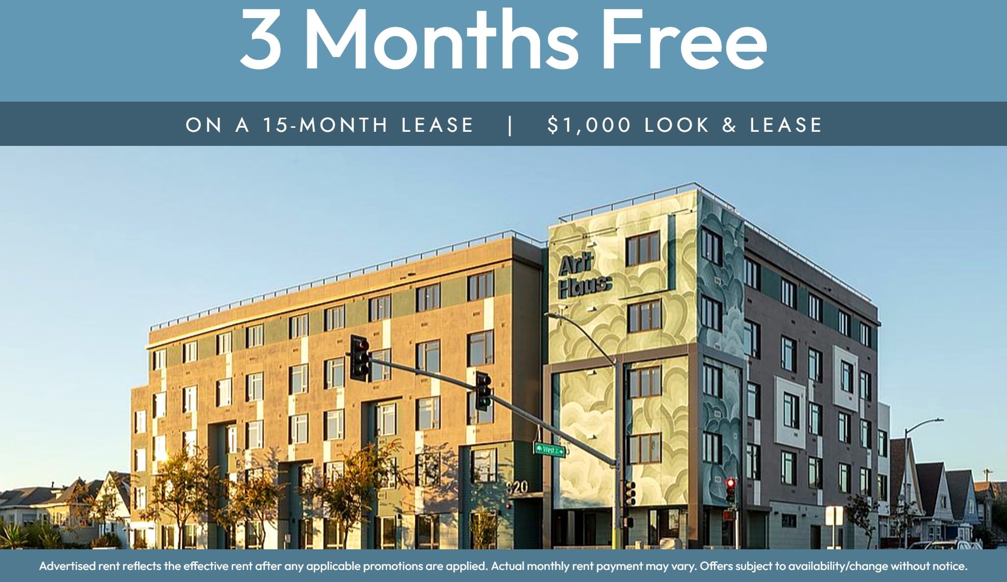 A building advertisement offering 3 months free on a 15-month lease.