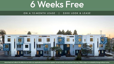 A building advertises a 6 weeks free offer on a 12-month lease for a $500 look and lease.