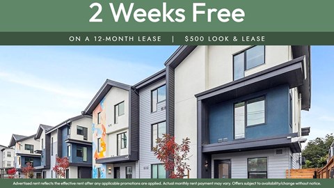 A promotional image for a 2-week free offer on a 12-month lease for a $500 look and lease.