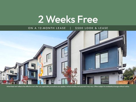 A promotional image for a 2-week free offer on a 12-month lease with a $500 look and lease.