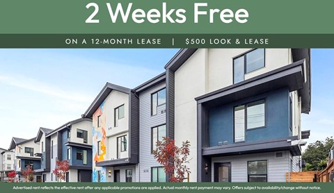 A promotional image for a 2-week free offer on a 12-month lease with a $500 look and lease.