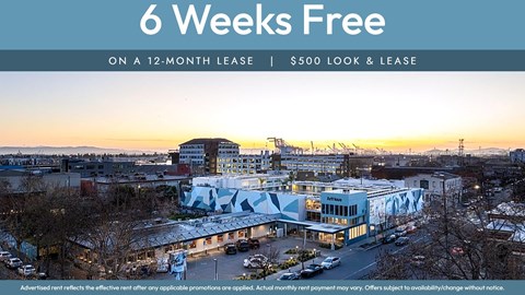 A building with a sign that says "6 Weeks Free on a 12-month lease | $500 look & lease".