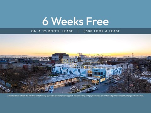 A large building with a sign offering 6 weeks free on a 12-month lease.