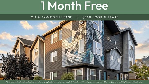 A building with a large mural on its side is advertising a free month on a 12-month lease.