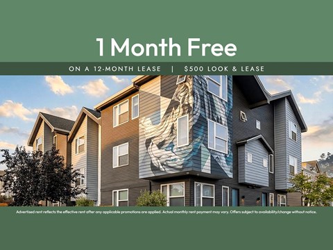 A building with a sign that says "1 Month Free on a 12-Month Lease | $500 Look & Lease".