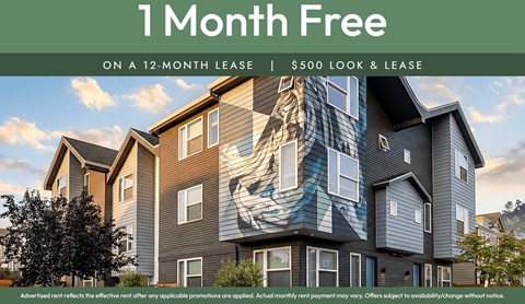 A building with a mural on its side is advertised as having a free month on a 12-month lease.