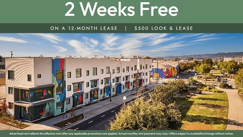 A building complex advertises a 2 weeks free offer on a 12-month lease.