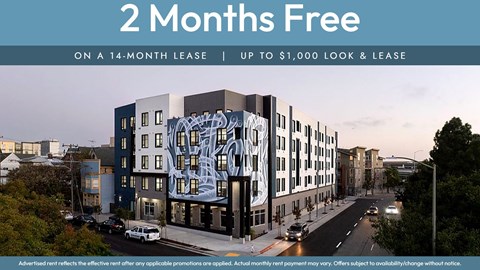 A building with a large mural on its side is advertising a 2 months free offer on a 14-month lease.