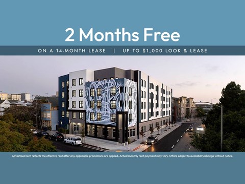 A building with a large mural on the side and the text "2 Months Free on a 14-month lease | up to $1,000 look & lease".