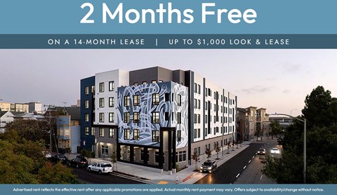A building with a large mural on its side is advertising a 2 months free offer on a 14-month lease.