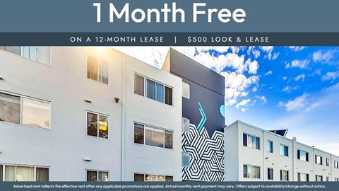 A building with a sign that says "1 Month Free on a 12-month lease | $500 look & lease".