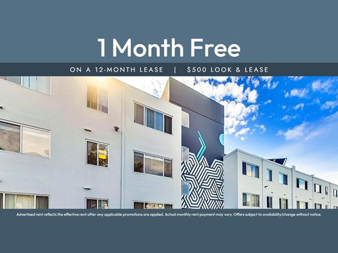 A building with a sign that says "1 Month Free on a 12-month lease | $500 look & lease".