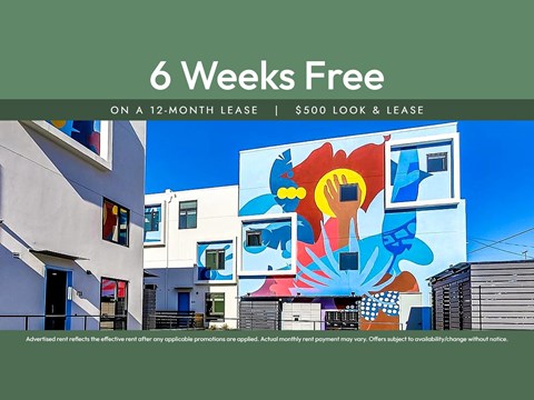 A colorful mural on a building with the text "6 Weeks Free on a 12-month lease | $500 look & lease" displayed.