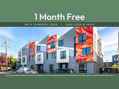 A building with a sign that says "1 Month Free on a 12-month lease | $500 look & lease".
