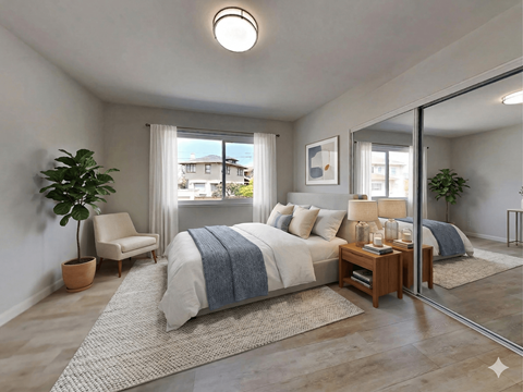 A bedroom with a bed, chair, and potted plant.