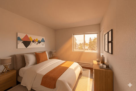 A bedroom with a large bed and a painting on the wall.